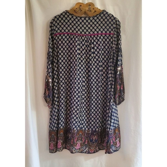 Umgee Dress Women's Size Medium Navy Peasant Boho 3/4 Sleeved Lace Up Front - Picture 2 of 4